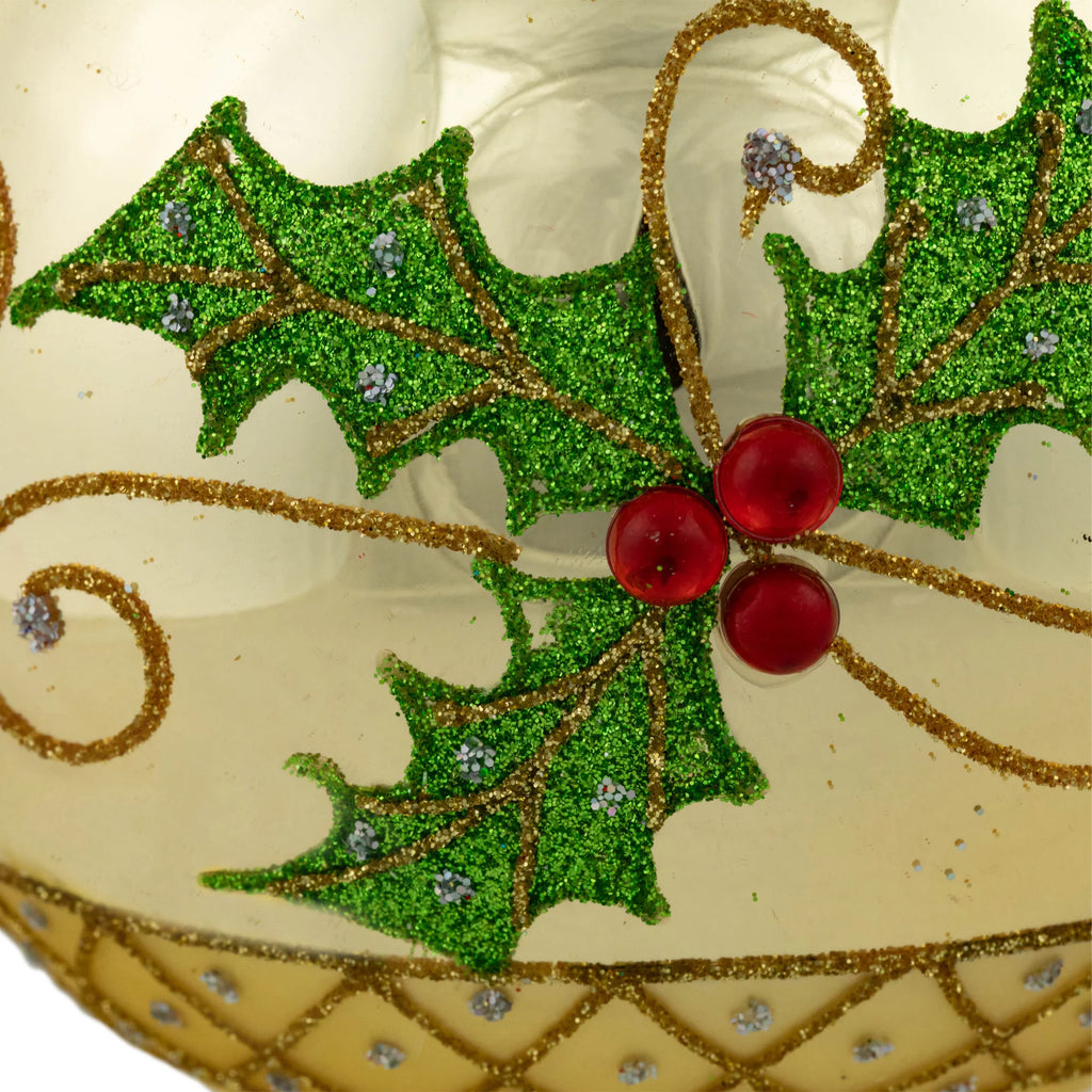 Set of 2 Golden Glitter Holly Finial Christmas Glass Ornaments 5" F98165