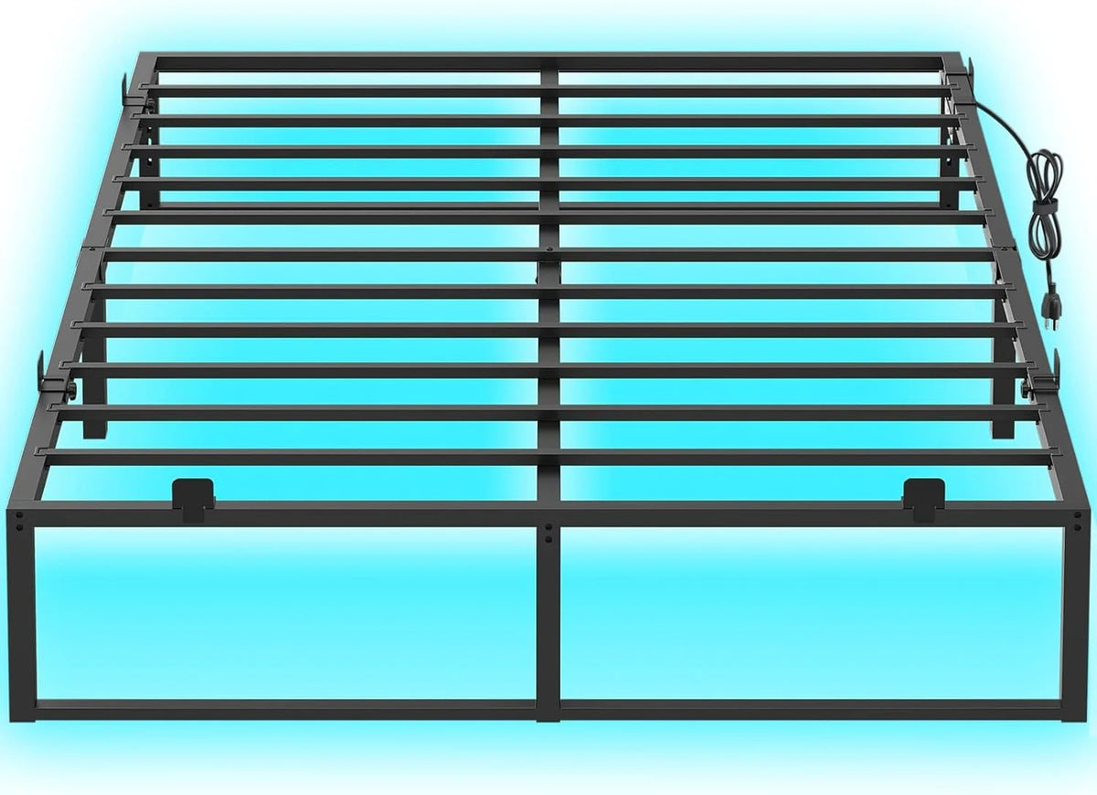 14 Inch Queen Size Metal Platform Bed Frame with Charging Station and LED Lights I7333