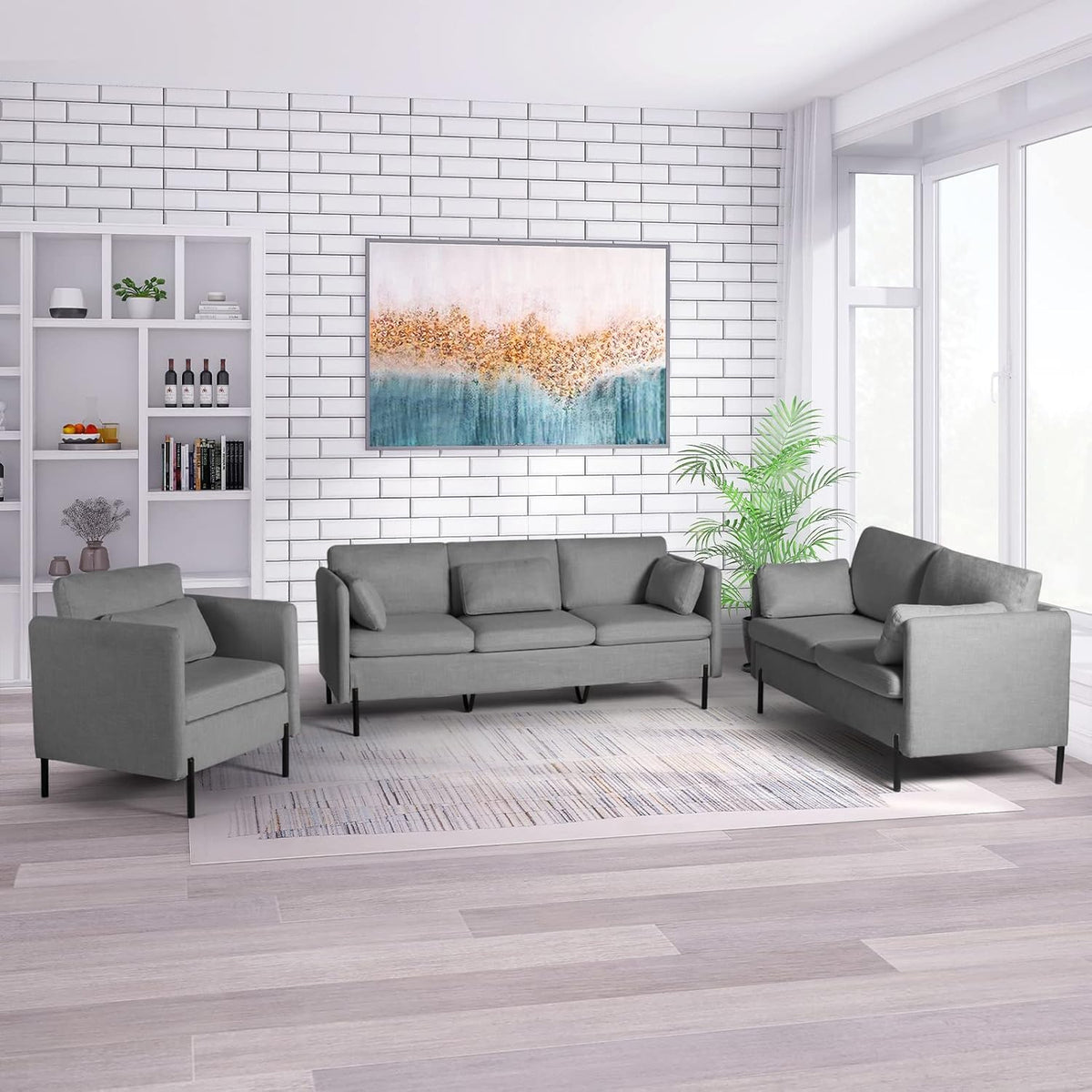 Grey 3 Pcs Upholstered Sofa Set with Pillows B9136