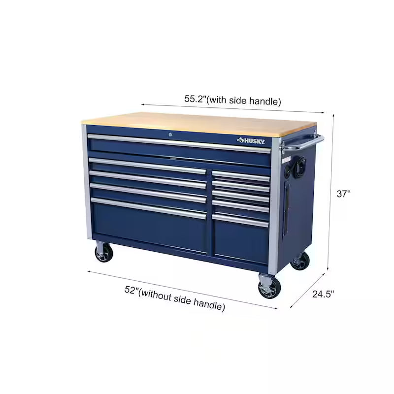 10 Drawer Mobile Workbench Tool Chest with Wood Work Top in Gloss Blue Q816771