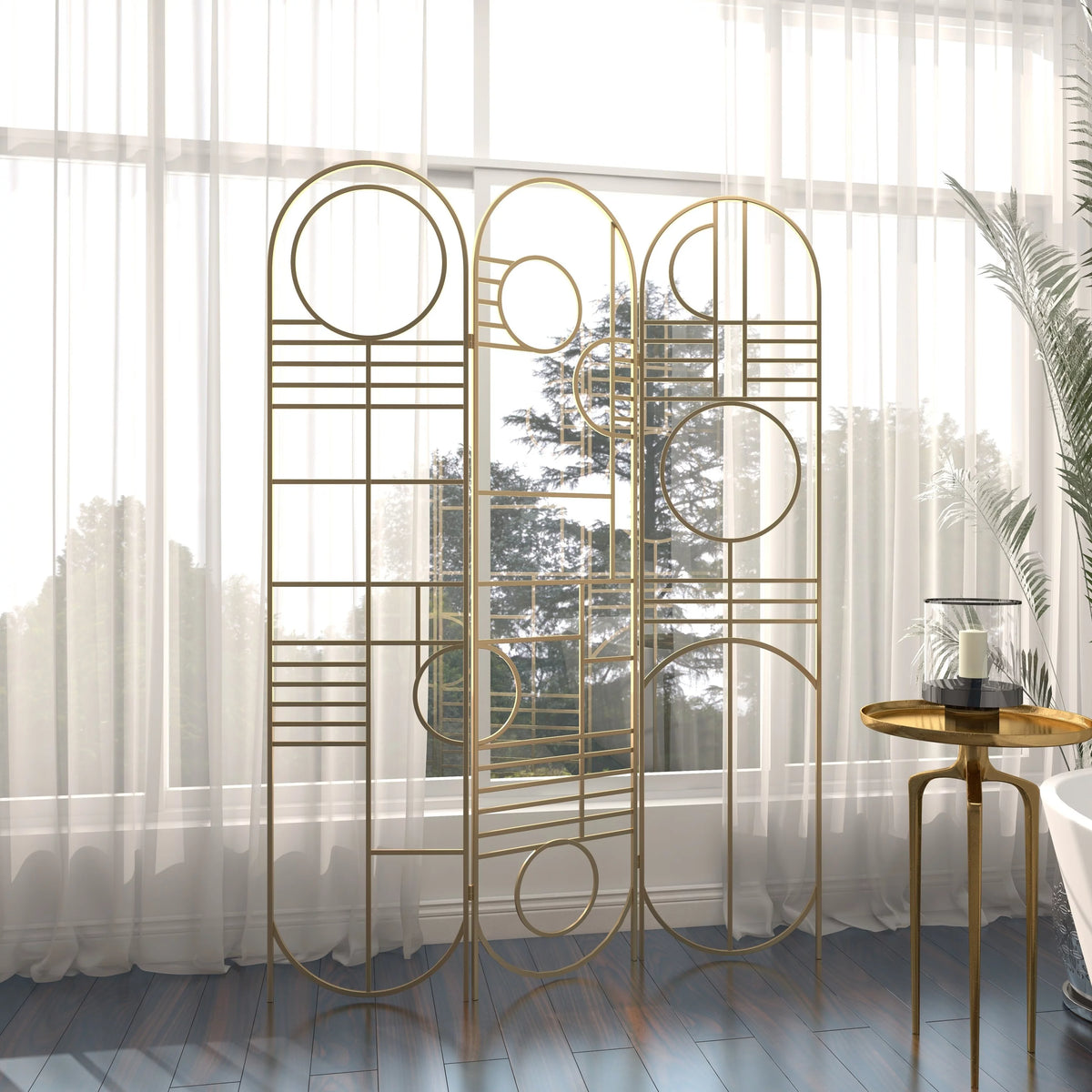 Metal 3 Panel Room Divider Screen with Geometric Pattern H6858