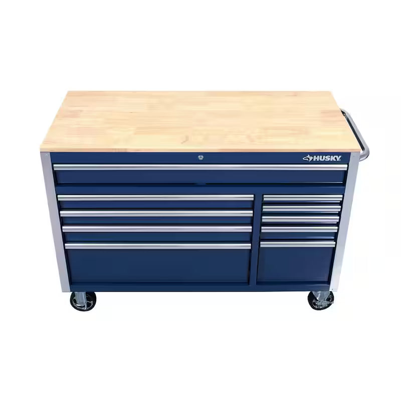 10 Drawer Mobile Workbench Tool Chest with Wood Work Top in Gloss Blue Q816771