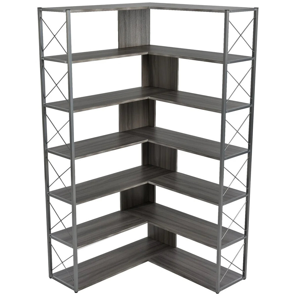 L-Shaped 7-Tier Corner Bookcase with Metal Frame H826913