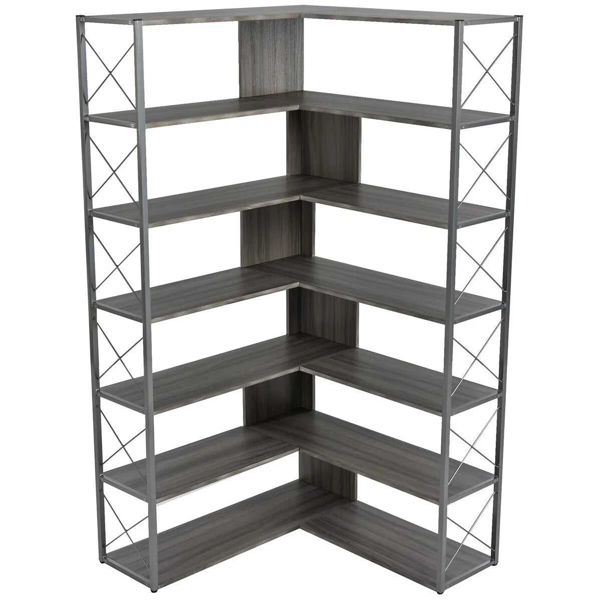 L-Shaped 7-Tier Corner Bookcase with Metal Frame H826913