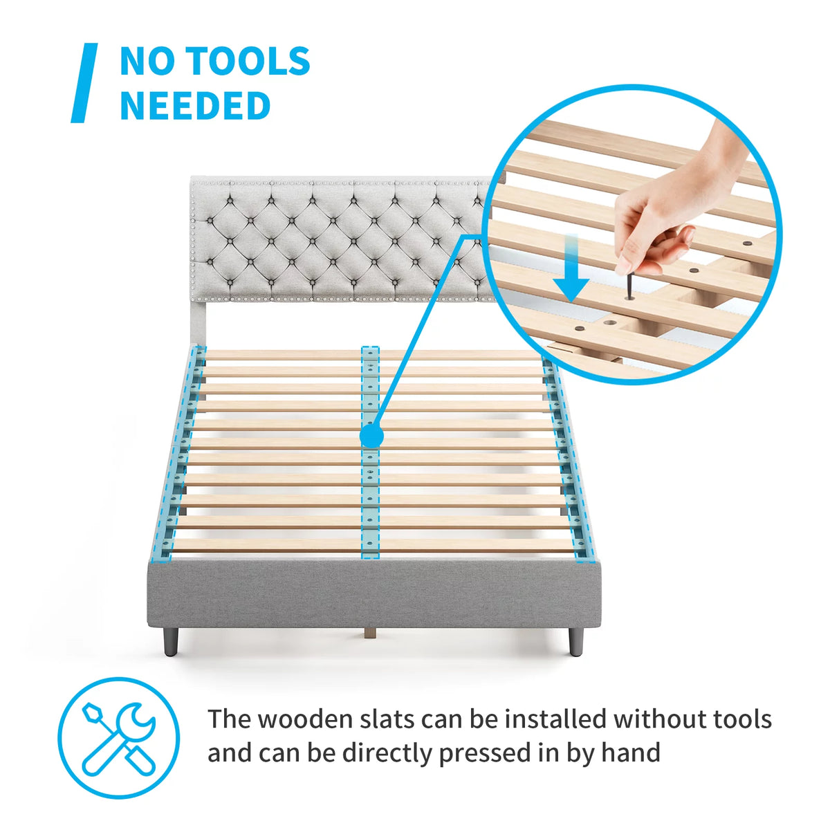 King Size Light Grey Upholstered Platform Bed Frame with Headboard O4413
