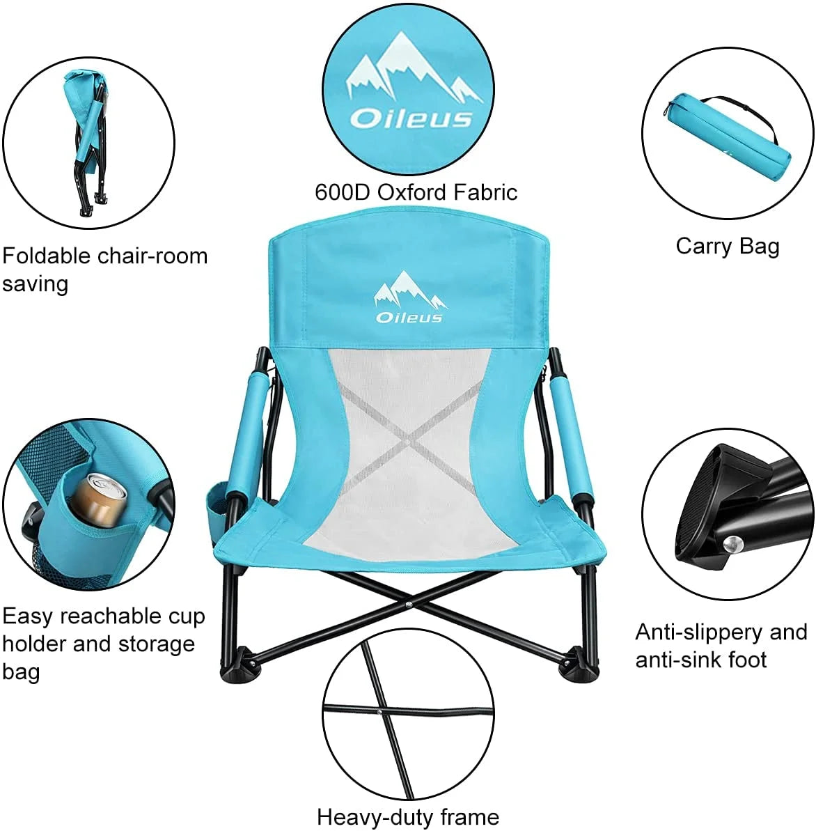 Low Beach Chair with Cup Holder & Storage Bag, Blue 1 Pack X36271