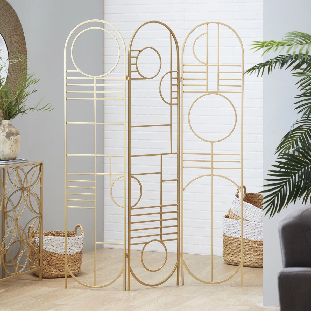 Metal 3 Panel Room Divider Screen with Geometric Pattern H6858