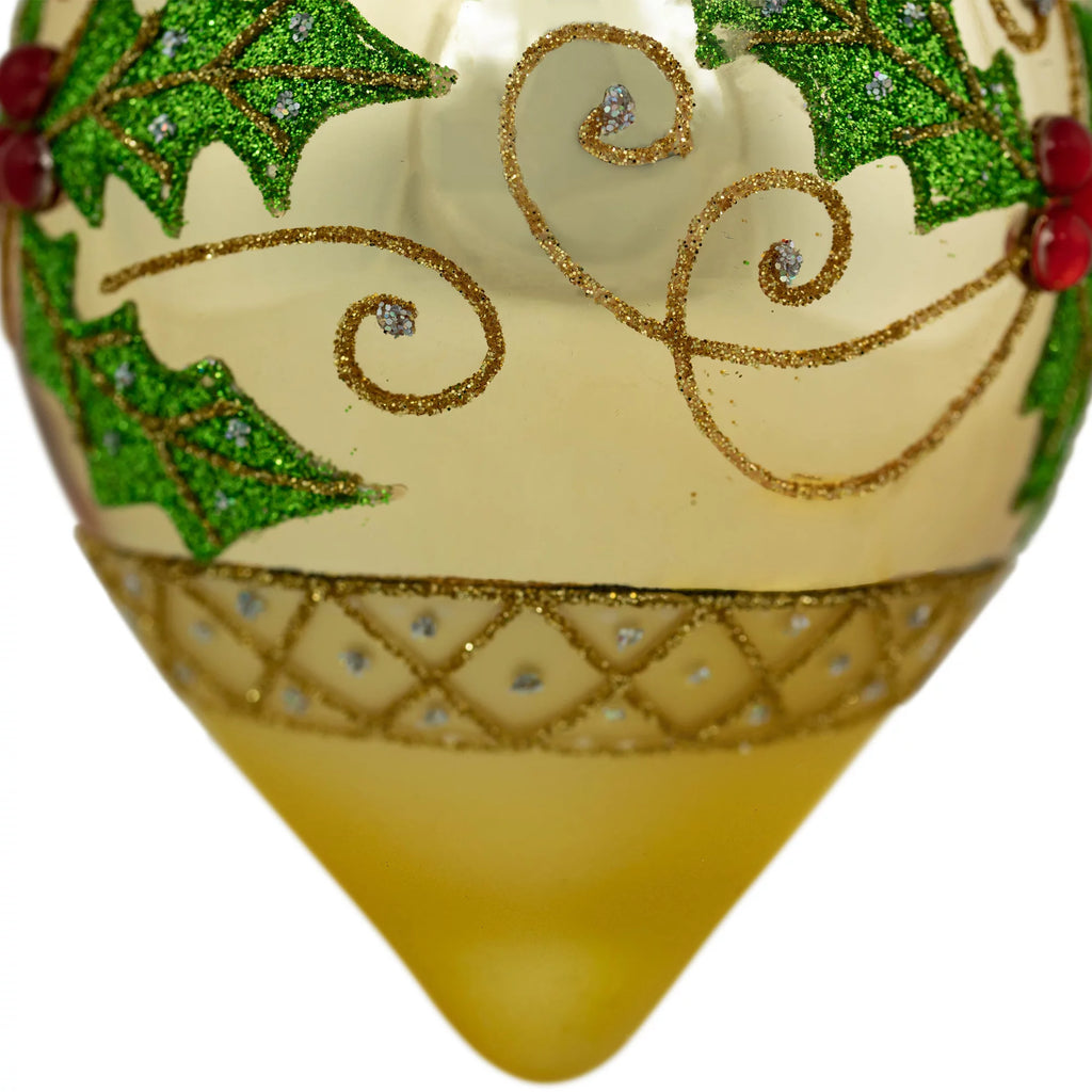 Set of 2 Golden Glitter Holly Finial Christmas Glass Ornaments 5" F98165