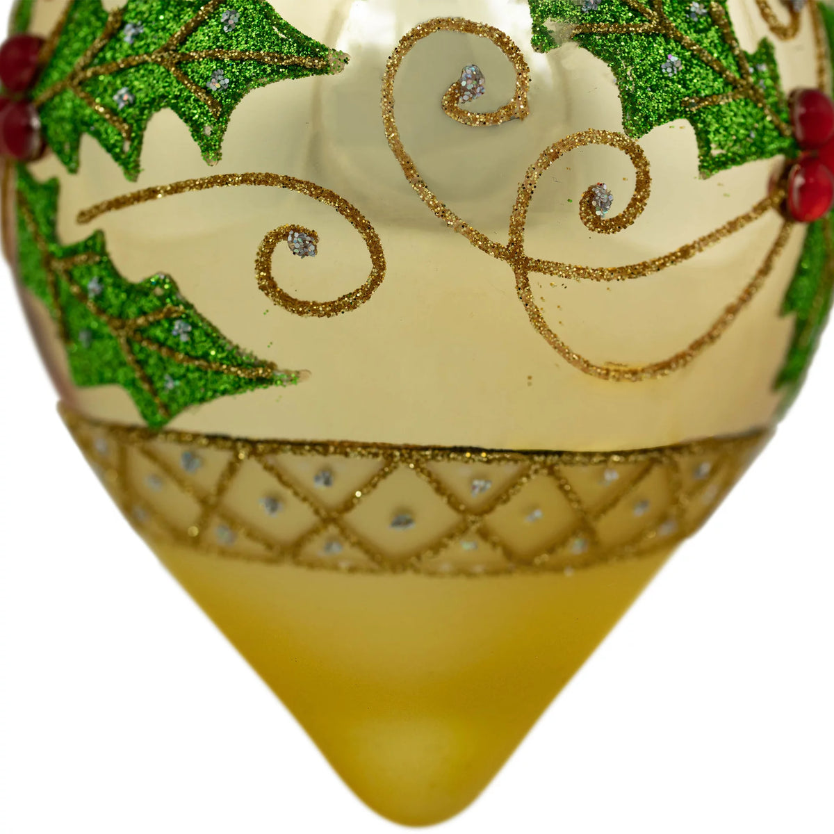 Set of 2 Golden Glitter Holly Finial Christmas Glass Ornaments 5" F98165