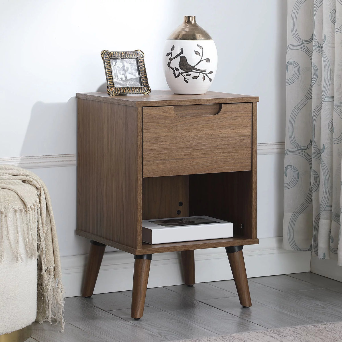 1 Drawer Brown Walnut Nightstand H415