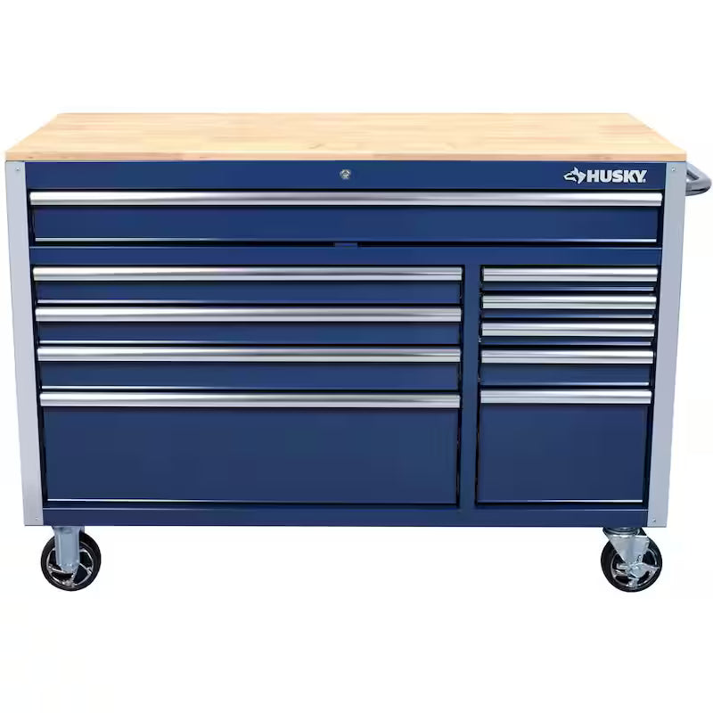10 Drawer Mobile Workbench Tool Chest with Wood Work Top in Gloss Blue Q816771