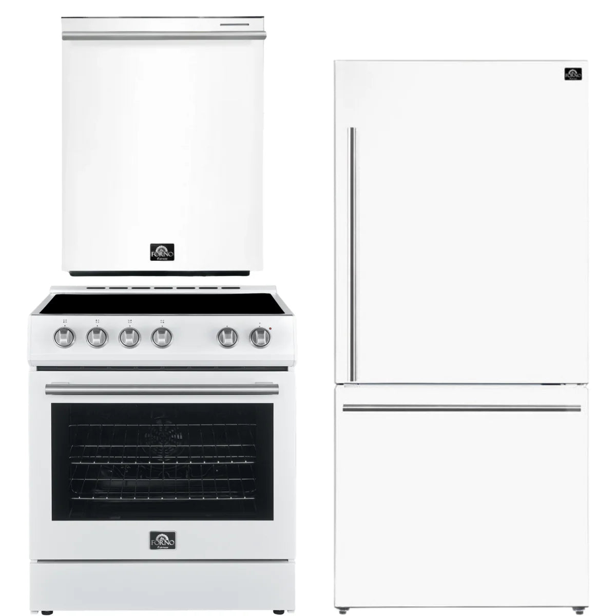 30 Electric Range, Refrigerator and Dishwasher in White with Silver Handles W52351