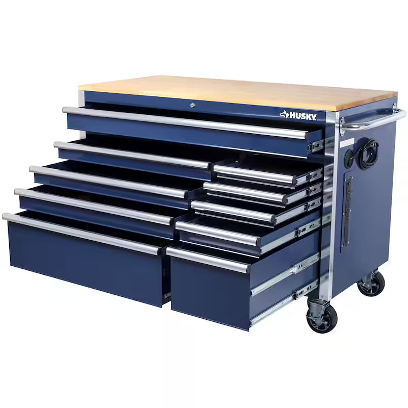 10 Drawer Mobile Workbench Tool Chest with Wood Work Top in Gloss Blue Q816771