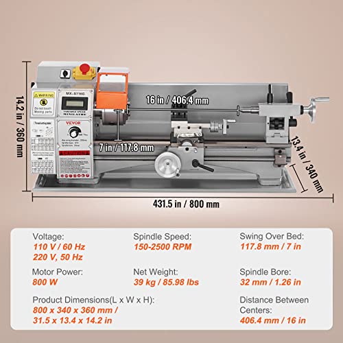 7'' x 16'' 800W Precision Benchtop Metal Lathe W516185