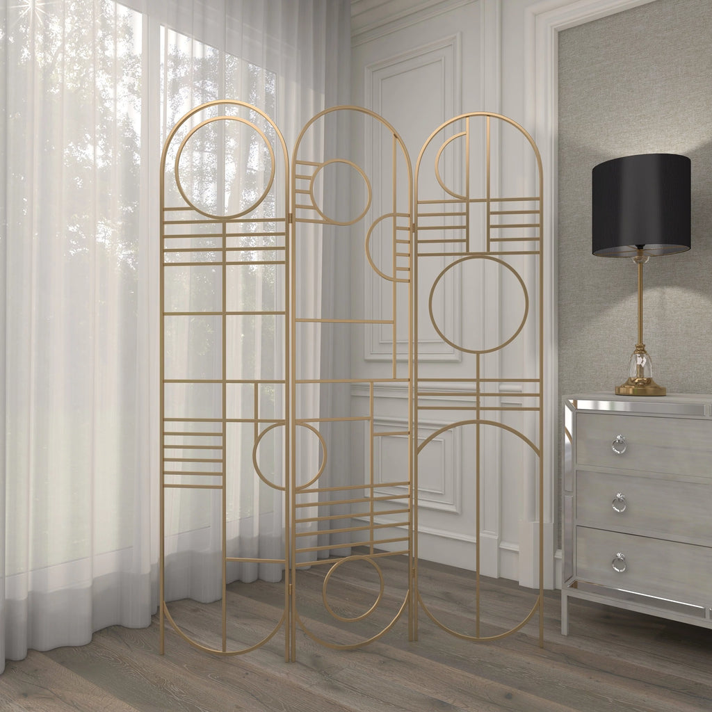 Metal 3 Panel Room Divider Screen with Geometric Pattern H6858