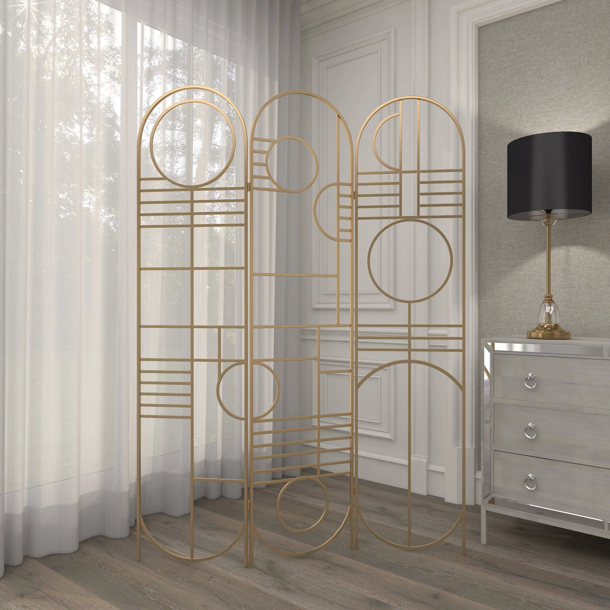 Metal 3 Panel Room Divider Screen with Geometric Pattern H6858