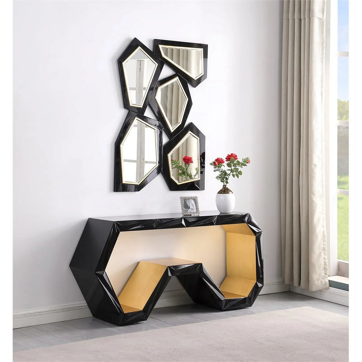 Black Wood Console Table and Mirror L299883