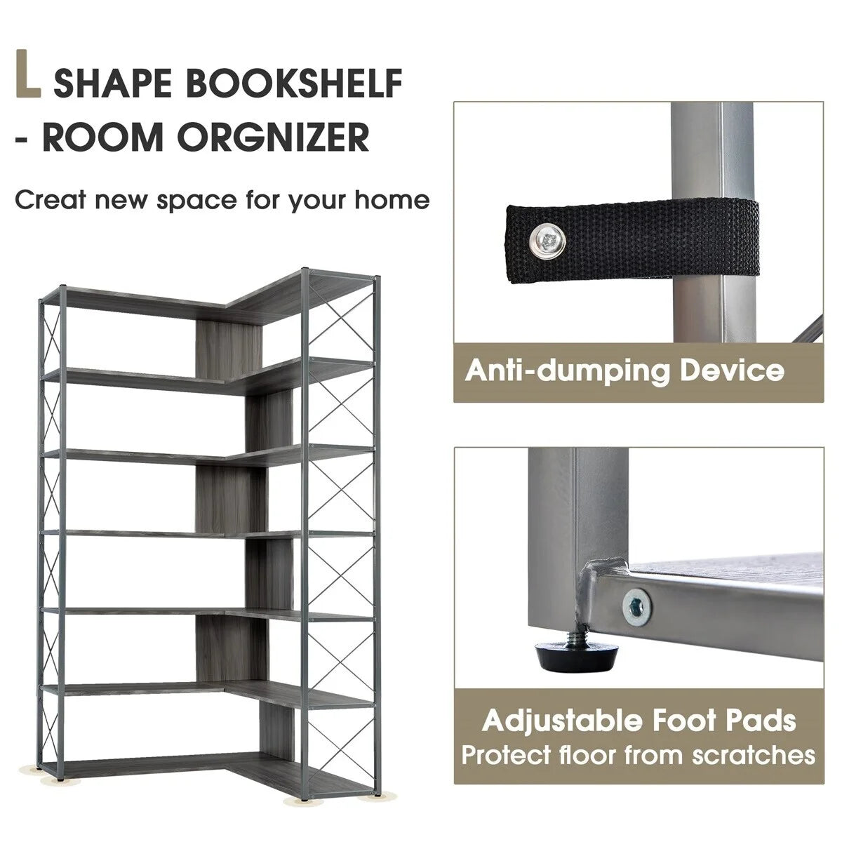 L-Shaped 7-Tier Corner Bookcase with Metal Frame H826913