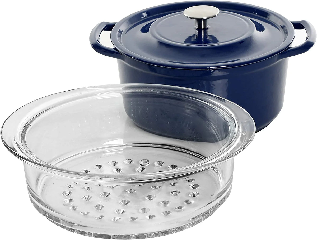 5 Quart Enameled Cast Iron Casserole with Lid and Glass Steamer in Blue N772