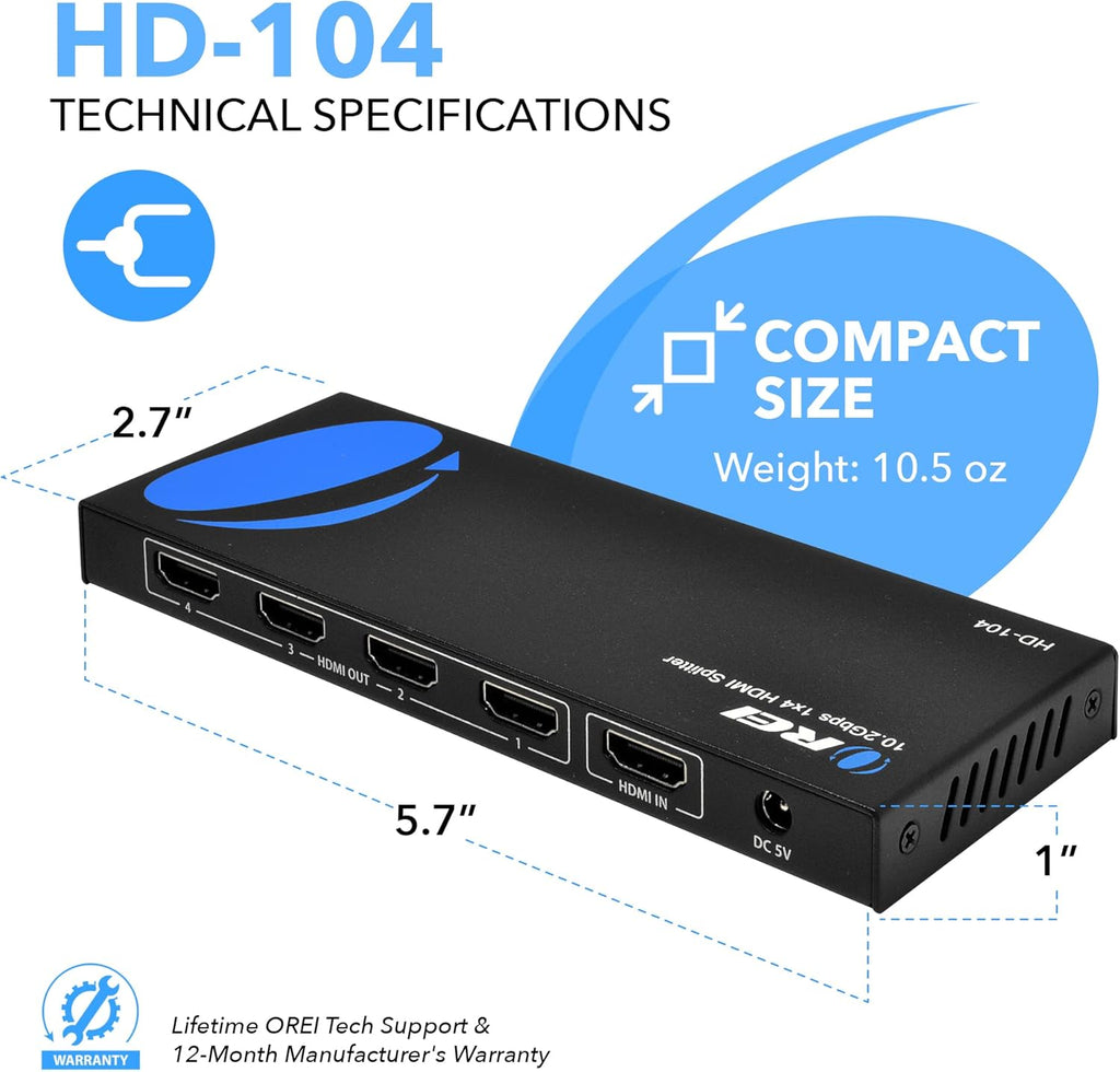 4K 1x4 HDMI Splitter Powered Ver 1.4 Full HD 1080P 3D Support Black G974