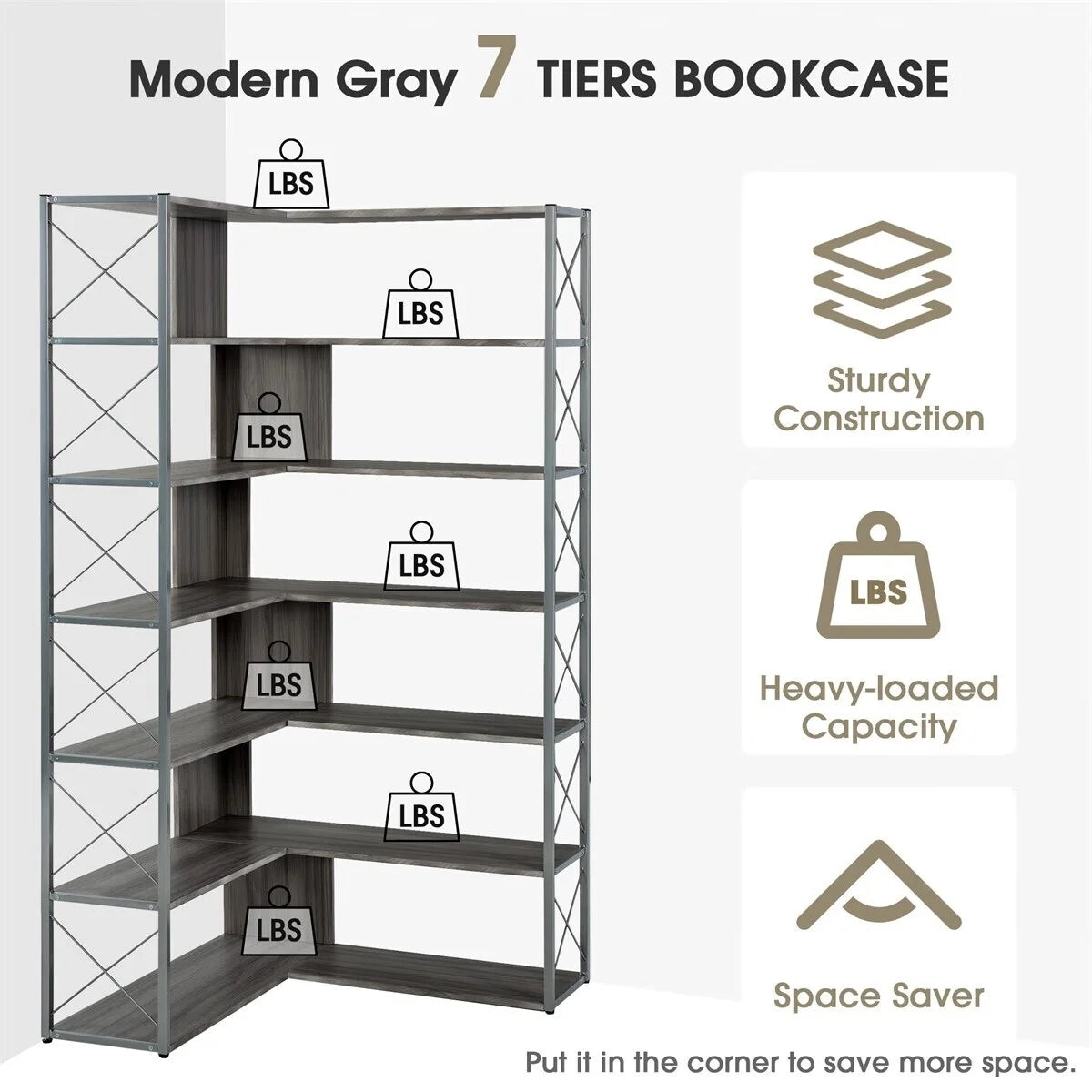 L-Shaped 7-Tier Corner Bookcase with Metal Frame H826913