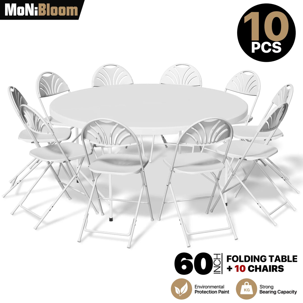 11 Pieces 5 Ft White Bi-Fold Plastic Folding Table Set with 10 Folding Chairs G6623