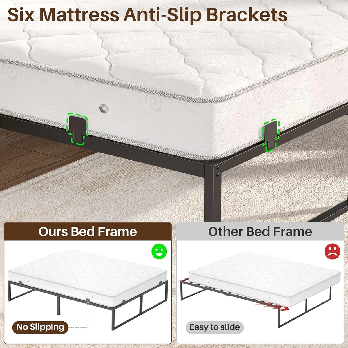 14 Inch Queen Size Metal Platform Bed Frame with Charging Station and LED Lights I7333
