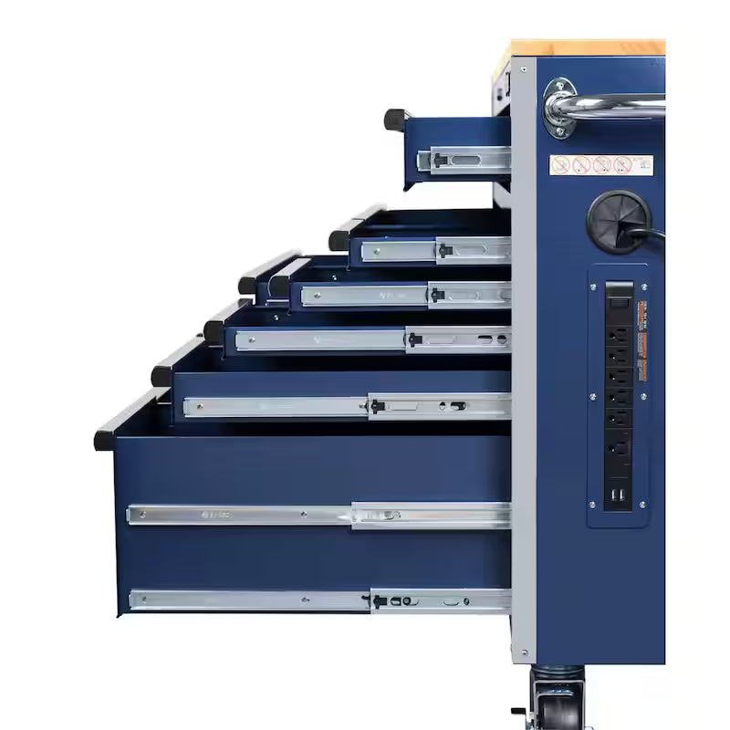10 Drawer Mobile Workbench Tool Chest with Wood Work Top in Gloss Blue Q816771