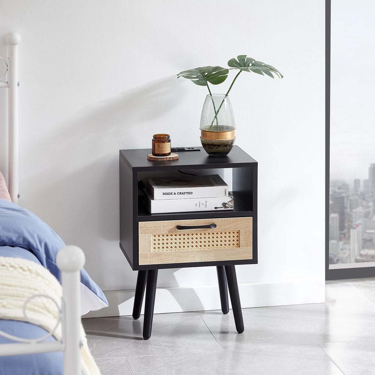 15.75" Rattan End Table with Power Outlet & USB Ports R3108