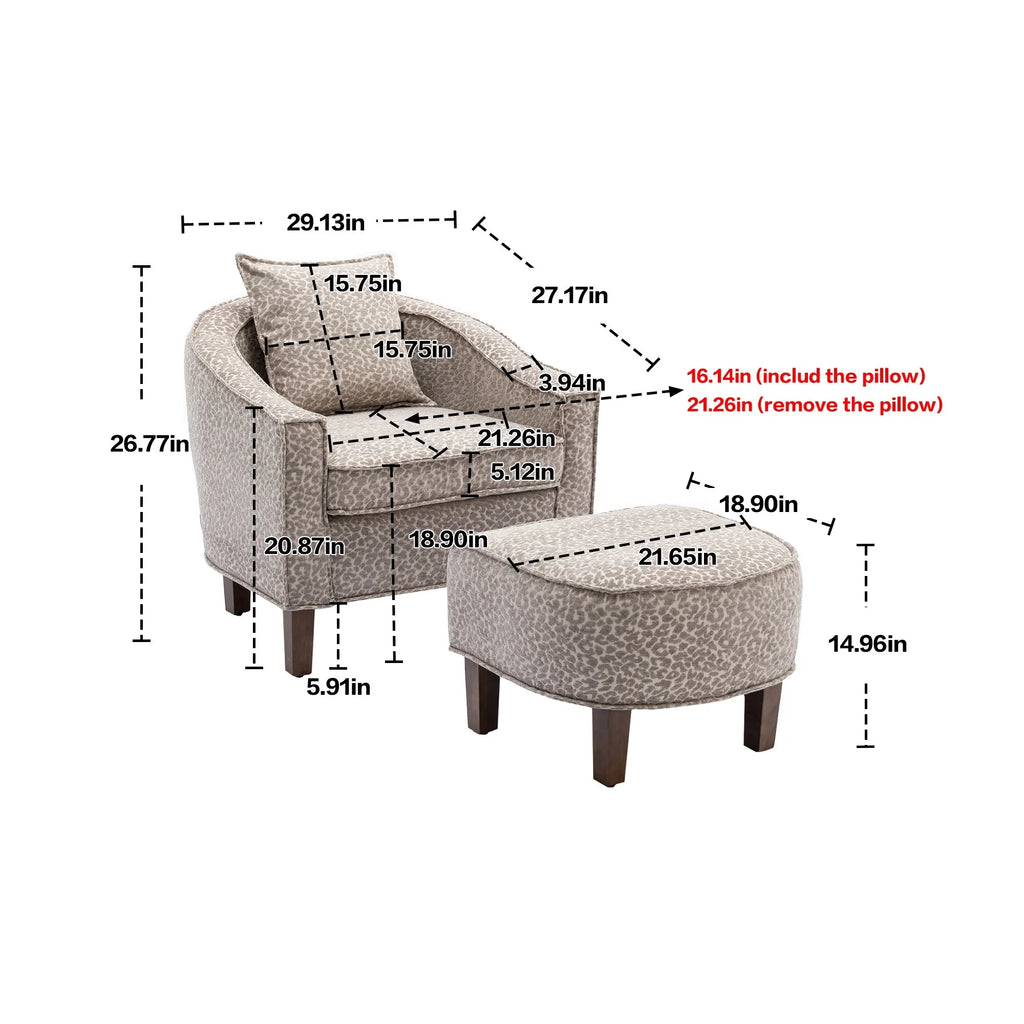 Leopard Gray Linen Polyester Upholstered Barrel Chair with Ottoman Y1826