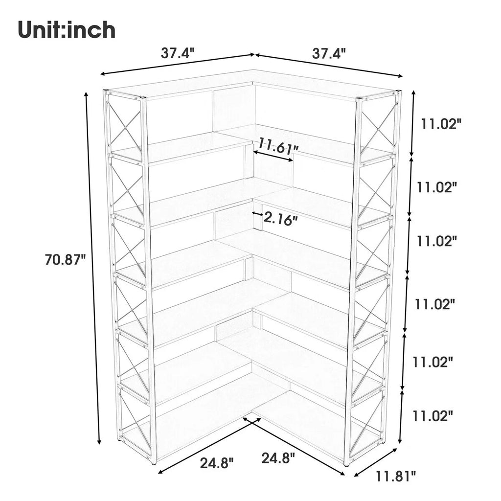 L-Shaped 7-Tier Corner Bookcase with Metal Frame H826913