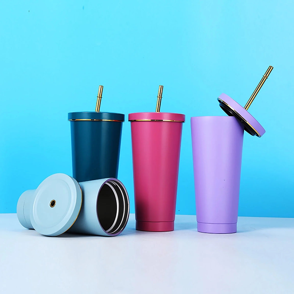 500Ml Double Layer Stainless Steel Water Bottle With Straw K61922