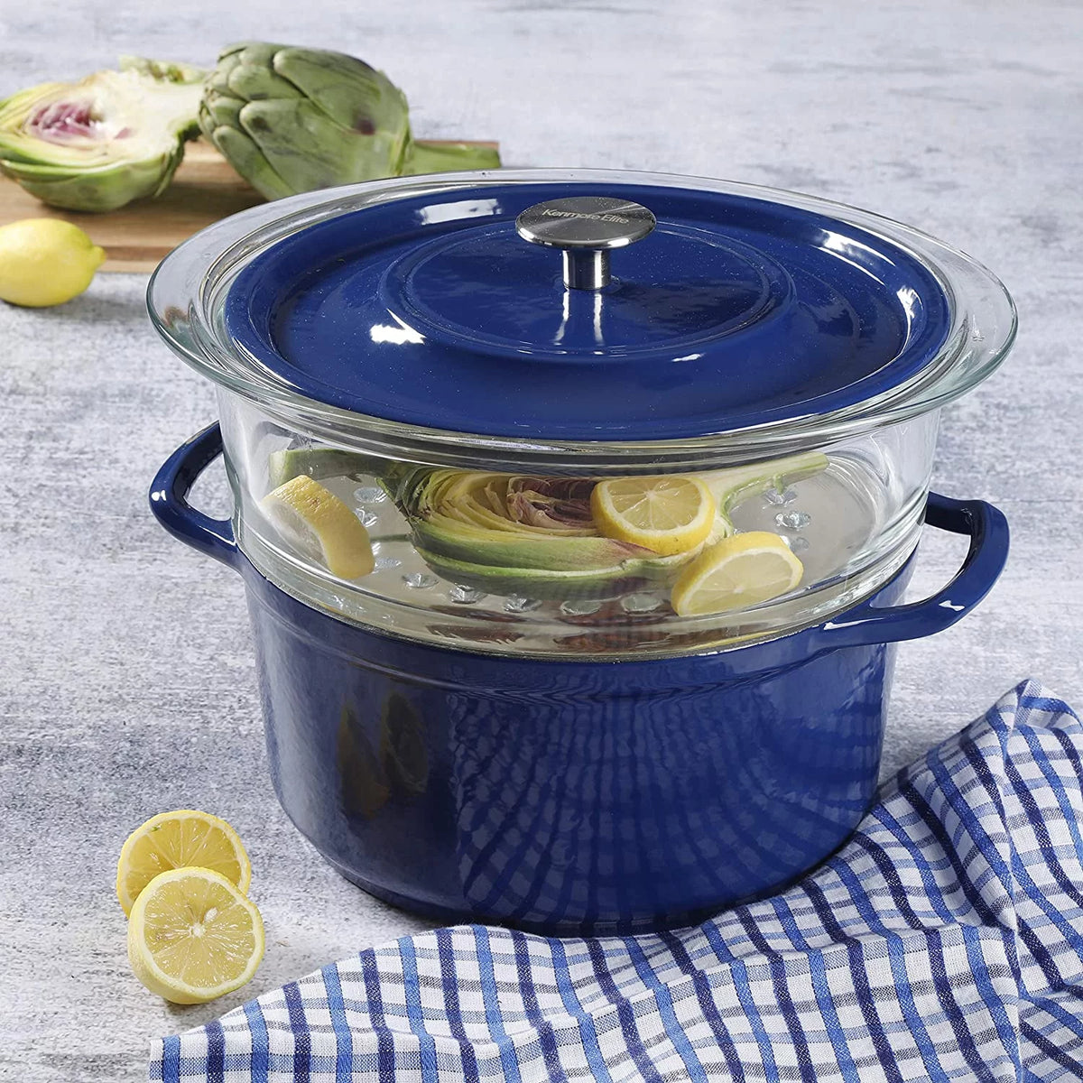 5 Quart Enameled Cast Iron Casserole with Lid and Glass Steamer in Blue N772