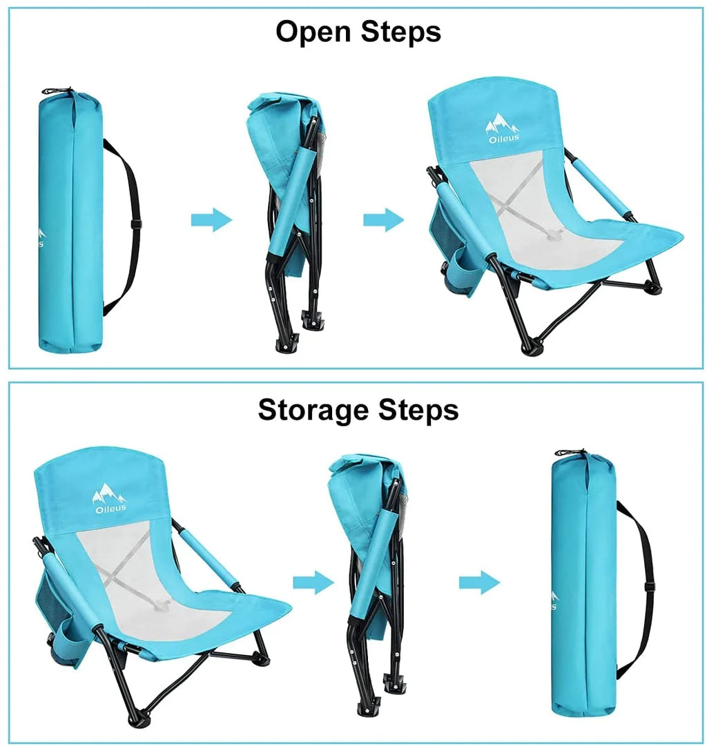 Low Beach Chair with Cup Holder & Storage Bag, Blue 1 Pack X36271