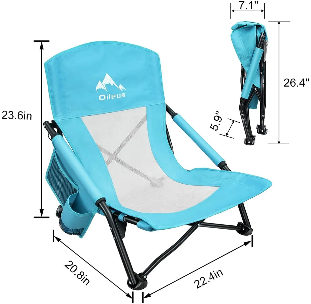 Low Beach Chair with Cup Holder & Storage Bag, Blue 1 Pack X36271