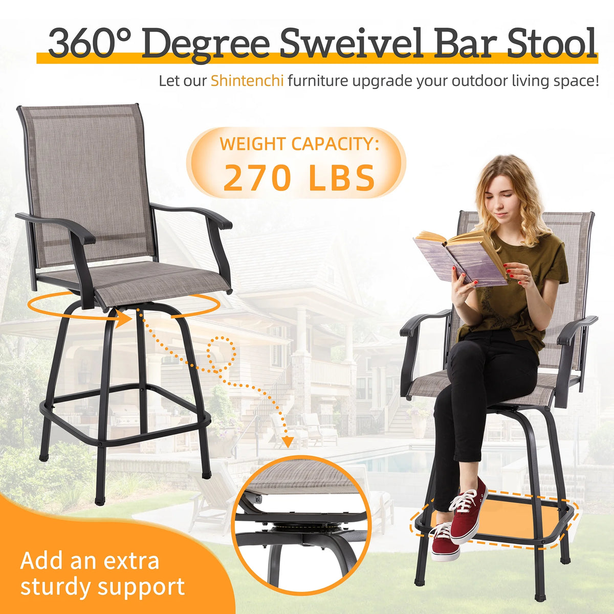 2 Piece High Back Textile Patio Swivel Bar Stools B396