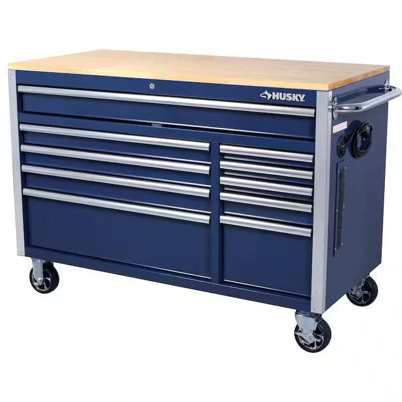 10 Drawer Mobile Workbench Tool Chest with Wood Work Top in Gloss Blue Q816771