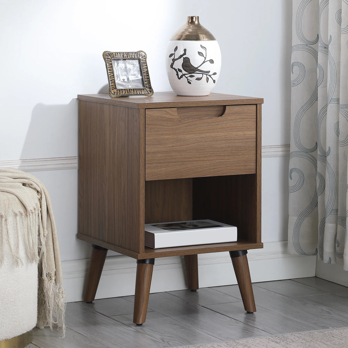 1 Drawer Brown Walnut Nightstand H415