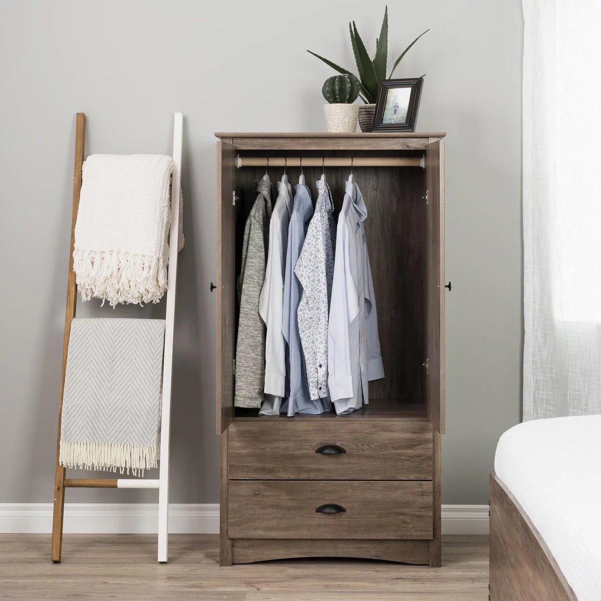 2 Door Wooden Bedroom Armoire in Drifted Gray G60232