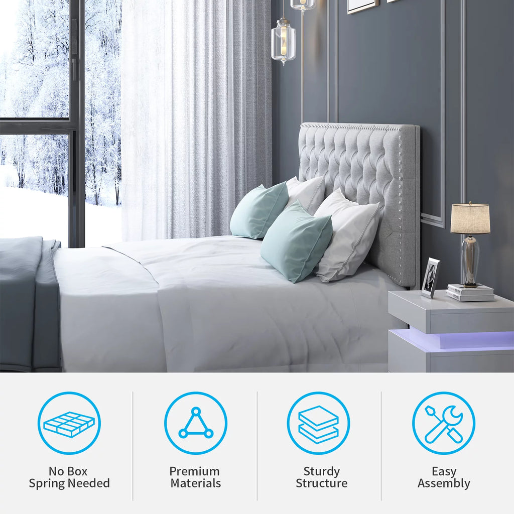 King Size Light Grey Upholstered Platform Bed Frame with Headboard O4413