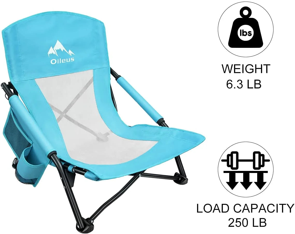 Low Beach Chair with Cup Holder & Storage Bag, Blue 1 Pack X36271